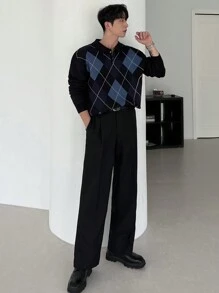 DAZY 男士休闲拼色菱形图案针织毛衣，秋冬 - 彩色 - 查看 6