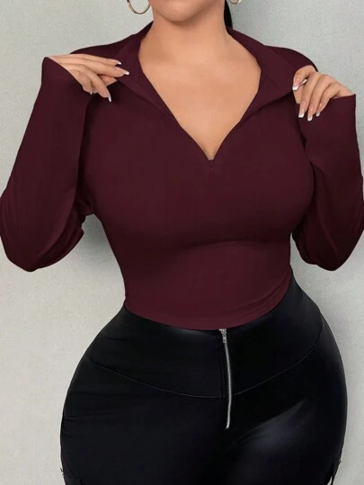 SHEIN SXY 大码休闲纯色长袖修身短款 T 恤，秋季