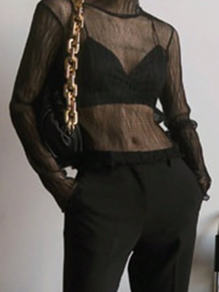 Women High Neck Sheer Textured Camisole Long Sleeve Women Tops
