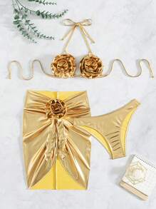 Swim SXY 夏季新款时尚金色花朵 3D 三角吊带性感女士比基尼套装 - 金色 - 查看 4