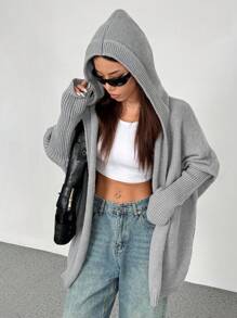 Flirla Women Solid Color Bat Sleeve Loose Casual Hooded Cardigan, Versatile For Autumn/Winter