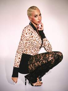 Zolique Damski kombinezon z nadrukiem w panterkę, z długim rękawem i pół-zakładką oraz spódnicą w kształcie litery A z koronką, 2 częściowy zestaw, modne noworoczne, seksowne stroje na imprezę świąteczną w klubie - Wielokolorowe - Zobacz 3