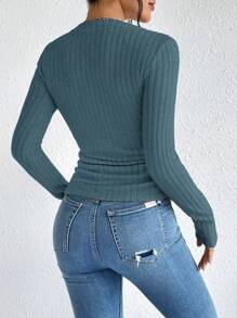 SHEIN Frenchy T-shirt décontracté à manches longues, col rond et côtelé de couleur unie pour femmes, automne