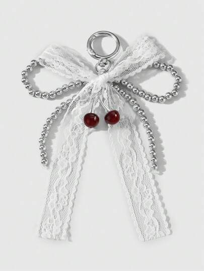 Goth 1pc Y2K Delicate Sweet Fashion Versatile High-Quality Handmade Beaded Silver CCB White Lace Bow Simulated Cherry Pendant Keychain Bag Charm, Suitable For Women Girls Daily Wear And Holiday Gift