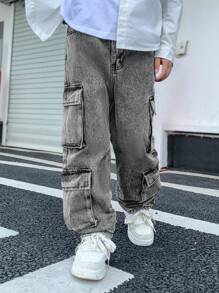 SHEIN Tween Boy Fashion Casual Black Baggy Straight-Leg Cargo Jeans For Dailywear And Fall Clothes