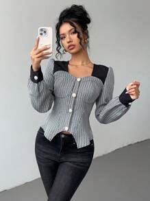 SHEIN Unity 女士秋冬休闲优雅通勤粗花呢拼布长袖短款衬衫 - 彩色 - 查看 4