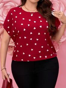 SHEIN LUNE Blouse romantique élégante à imprimé cœur grande taille. Romantique, décontractée, idéale pour la Saint-Valentin, les anniversaires, le Nouvel An, les sorties, le bureau et les occasions décontractées.