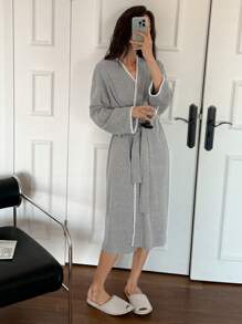 DAZY Minimalist Elegant Embroidered Trimming Loose Kimono Robe - Grey - View 6
