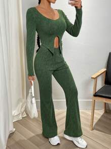 SHEIN ChicEase 2件套圆领纯色长袖上衣和裤子套装 - 彩色 - 查看 6