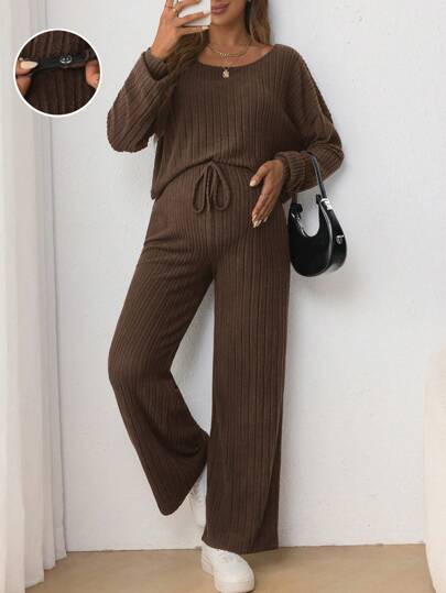 SHEIN Dwuczęściowy komplet ciążowy z okrągłym dekoltem, długim rękawem i luźnymi, regulowanymi w pasie spodniami ze sznurkiem