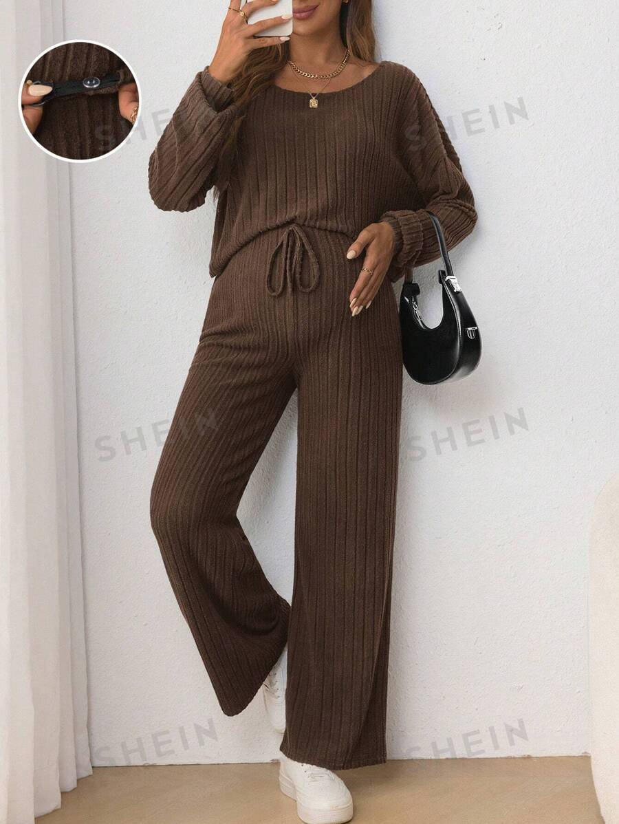 SHEIN Conjunto de dos piezas de camiseta de manga larga de cuello redondo casual y pantalones con cordón ajustable de cintura suelta con lazo para maternidad - Marrón - Ver 1
