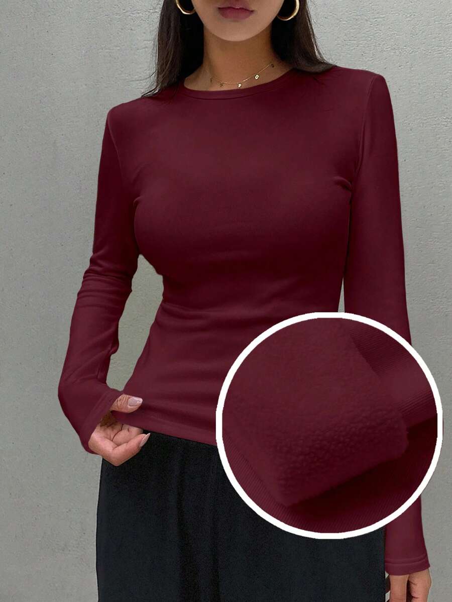 DAZY Damska koszulka z okrągłym dekoltem i długim rękawem w jednolitym kolorze w kolorze czerwonym, minimalistyczna moda, codzienny krój