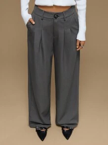 Forever 21 Women Casual Solid Color Fold Pleated Wide Leg Loose Pants - Grey - View 6