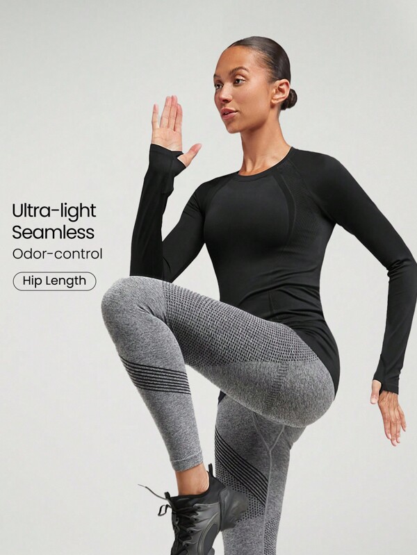 GLOWMODE Nahtloses Slimfit Langarm Oberteil Hüft Länge, Feuchtigkeitsableitend, Antibakteriell, Atmungsaktiv, Leichtes, Sommer- Kompressionsshirt