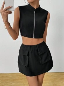 SHEIN Unity Camolă decupată casual de culoare uni și costum de fustă în formă de A, set de două piese - Negru - Vizualizare 3