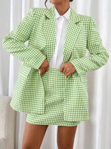 Chiquease 2 件套女式休闲千鸟格西装外套和 A 字裙套装，秋冬