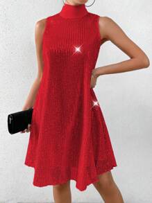 Allurite Fashionable Sequin Embellished Collar Tie Waist Sleeveless Midi Dress For New Year Clothes