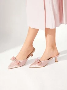 CUCCOO CHICEST Pointed-Toe Square Block Heel Faux Silk Rhinestone Butterfly Decor Easy Slip-On Comfortable Summer Everyday & Formal Women High Heels For Christmas And New Year Holiday Vibe Fall And Winter - Pink - View 7