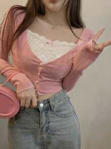 DAZY 女士纹理面料撞色蕾丝短款长袖 T 恤，粉色，春夏