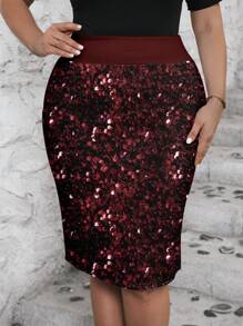 SHEIN Clasi Plus Size Sequin Decorated Minimalist A-Line Skirt, For Party & Gathering - Burgundy - View 6