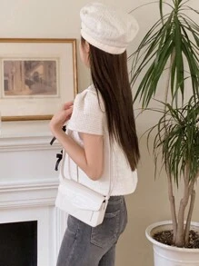 DAZY 女士圆领蝴蝶结细节短袖夹克，白色，春夏 - 白色 - 查看 2