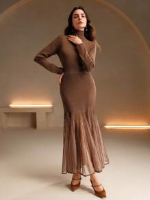 Anewsta 女士优雅高领拼布面料腰部贴身透明亮片美人鱼下摆针织连衣裙，圣诞节/新年夜 - 咖啡棕 - 查看 4