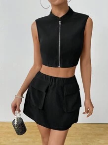 SHEIN Unity Camolă decupată casual de culoare uni și costum de fustă în formă de A, set de două piese - Negru - Vizualizare 4