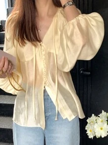 DAZY Women's V-Neck Cinched Waist Lantern Sleeve Loose Fashionable Blouse,Fall Clothes - Yellow - View 2