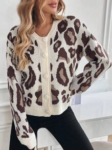 SHEIN LUNE Cárdigan de mujer de manga larga con estampado de leopardo y abotonadura sencilla, para otoño/invierno