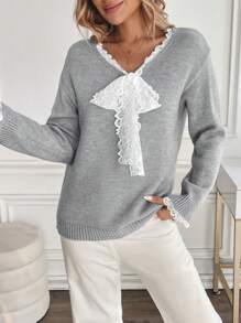 SHEIN LUNE Women's V-Neck Contrast Color Lace Trim Pullover Sweater - Grey - View 4