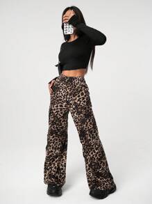 SHEIN Quần nỉ xếp ly cạp chun họa tiết da báo cho bé gái tuổi teen - màu nâu - Xem 3