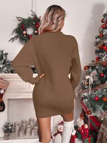 Chiquease Letter Print Crew Neck Casual Versatile Long Sleeve Sweater Dress