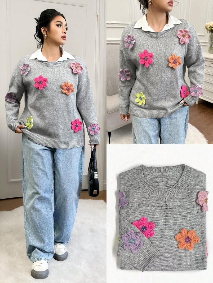 Calvaya Plus Size Women Loose Drop Shoulder Long Sleeve Casual Handmade Patchwork Flower Pattern Pullover Sweater, Grey, For Winter Knit Pullover Fall - Dark Grey - View 1