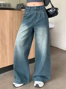 DAZY Jeans dritti casual ampi e plissettati da donna con decorazioni in strass