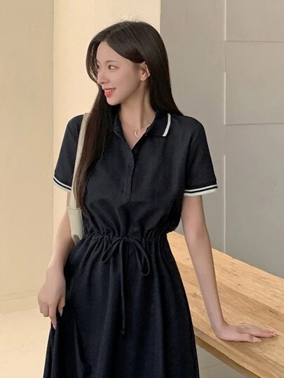 DAZY 女士学院风短袖收腰中长连衣裙衬衫裙，休闲女式连衣裙长裙