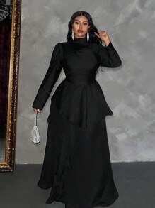 Slaydiva Plus Size Women Elegant Solid Color Dress For Party - Black - View 7