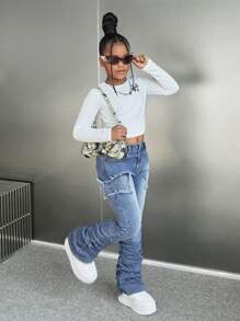 SHEIN Tween Girl Y2K Moda Fluture Mozaic cu franjuri Volană La modă Casual Versatili Blugi stivuiți