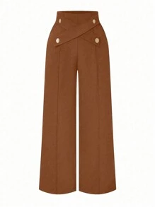 Calvaya Plus Size Waist Button Crossed Design Casual Straight Leg Pants Fall Cloth For Women - Coffee Brown - View 3