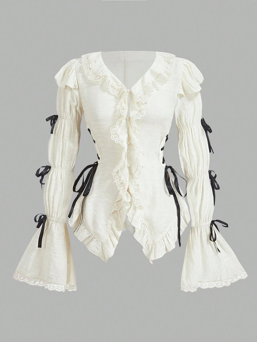 SHEIN MOD Casual Solid Color Ruffle Trim Bell Sleeve Bow Decor Ladies Shirt - Apricot - View 1