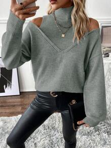 SHEIN LUNE Casual Solid Color Open Shoulder Mock Neck Knit Sweater For Autumn/Winter
