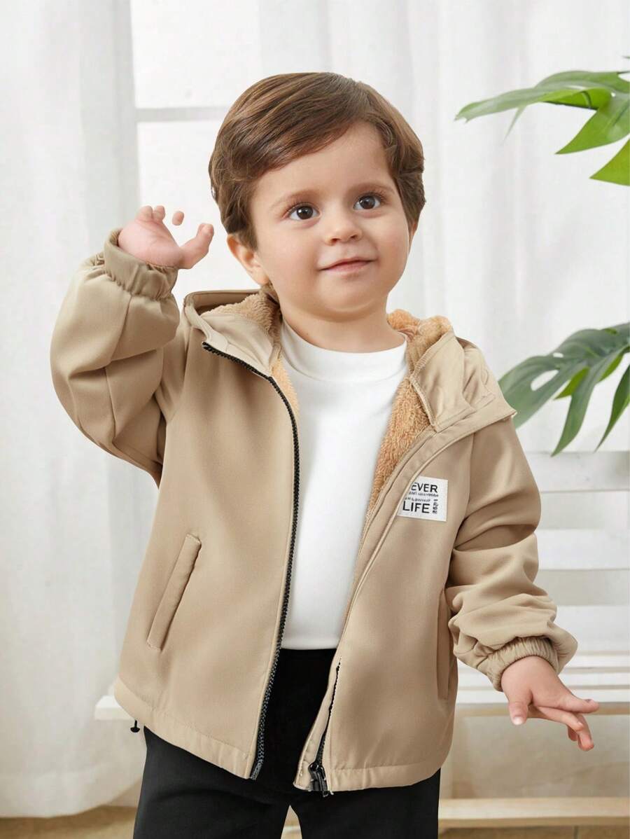 SHEIN 男婴和女婴卡其色厚衬拉链连帽开衫，饰有撞色，适合休闲穿着、户外、雪地玩耍、学校和日常生活 - 卡其色 - 查看 1
