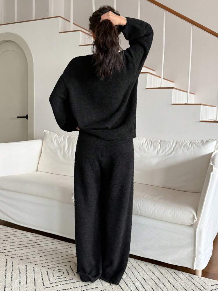 Plush Bowknot Jacquard Half Fleece Loose Pajama Set, Winter, Fall Clothes, Fluffy Cozy