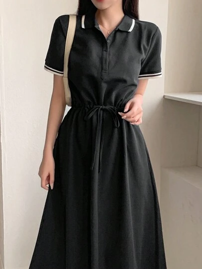 DAZY 女士学院风短袖收腰中长连衣裙衬衫裙，休闲女式连衣裙长裙