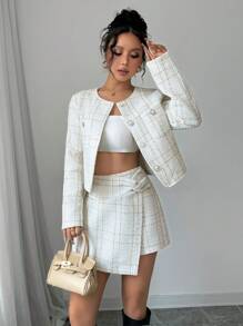 SHEIN Frenchy Dames herfst geruit enkelrijs jasje en asymmetrische zoom skort 2-delige outfit