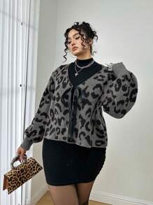 Flirla Leopard Jacquard Ribbed Cardigan Sweater - Grey - View 4