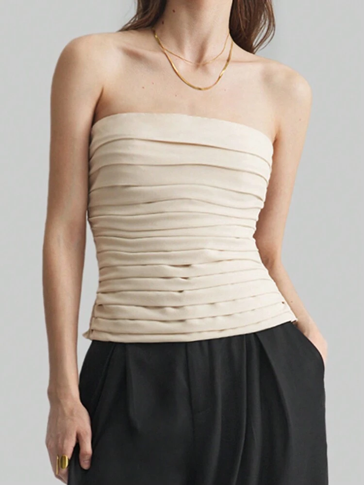 2026SS New Elegant Pleated Strapless Crop Top For Women, Minimalist Chic Urban Stylish Solid Color Layered Ruffle Blouse, Suitable For Wedding Guest, Vacation, Birthday Party, Fashion Versatile Woven Fabric Top