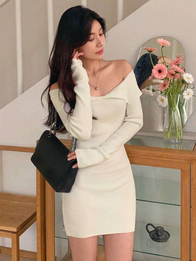 Women Off Shoulder Tight Knit Sweater Dress