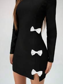 Chiquease 女士休闲时尚圆领长袖纯色连衣裙，配蝴蝶结装饰和开衩下摆 - 黑色 - 查看 5