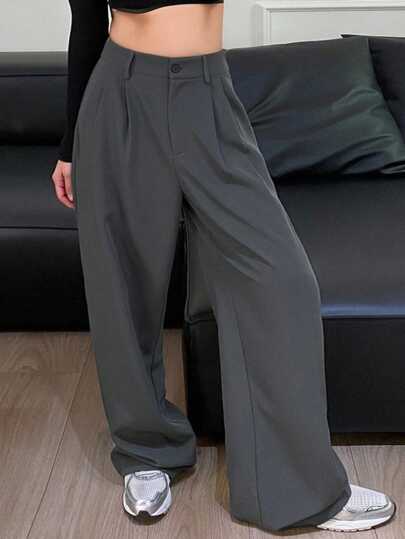 Dazy Petite Plus 纯色宽松休闲商务裤，灰色，适合秋冬季节穿着