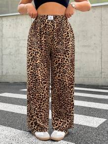 SHEIN EZwear Plus Size Women Leopard Print Woven Fabric Casual Everyday Commuting Versatile High Waist Wide Leg Loose Pants With Pockets